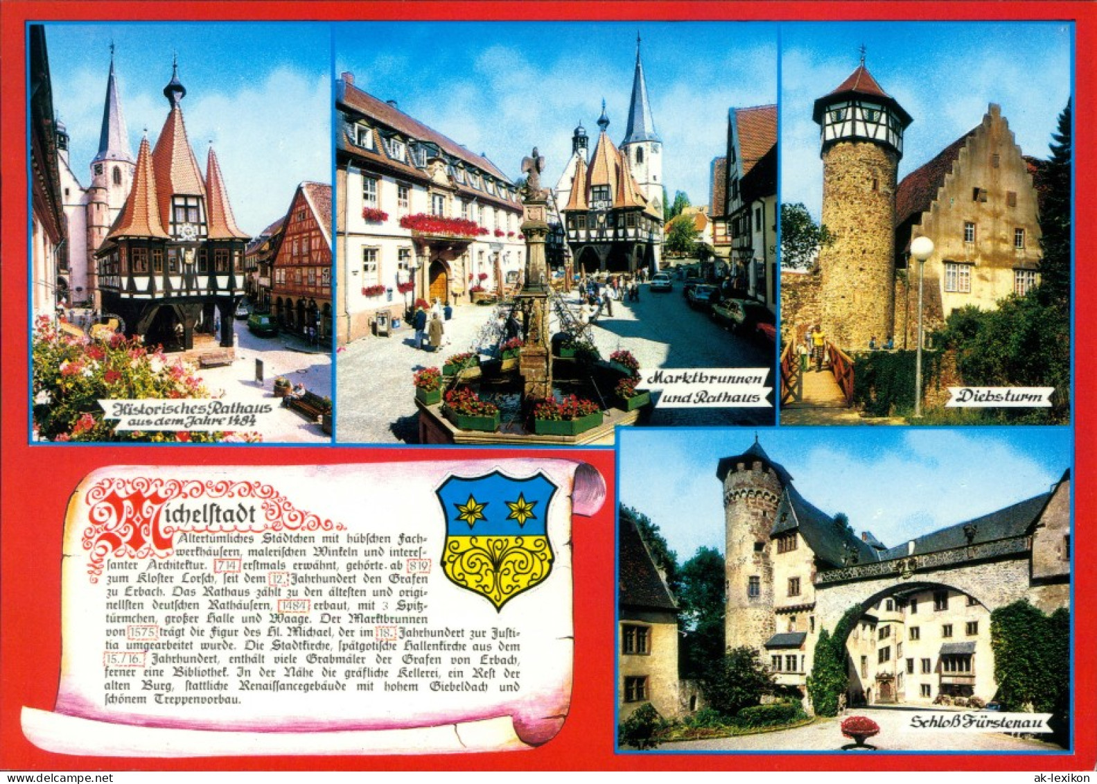 Michelstadt Rathaus, Marktbrunnen, Diebsturm, Schloss Fürstenau 1994 - Michelstadt