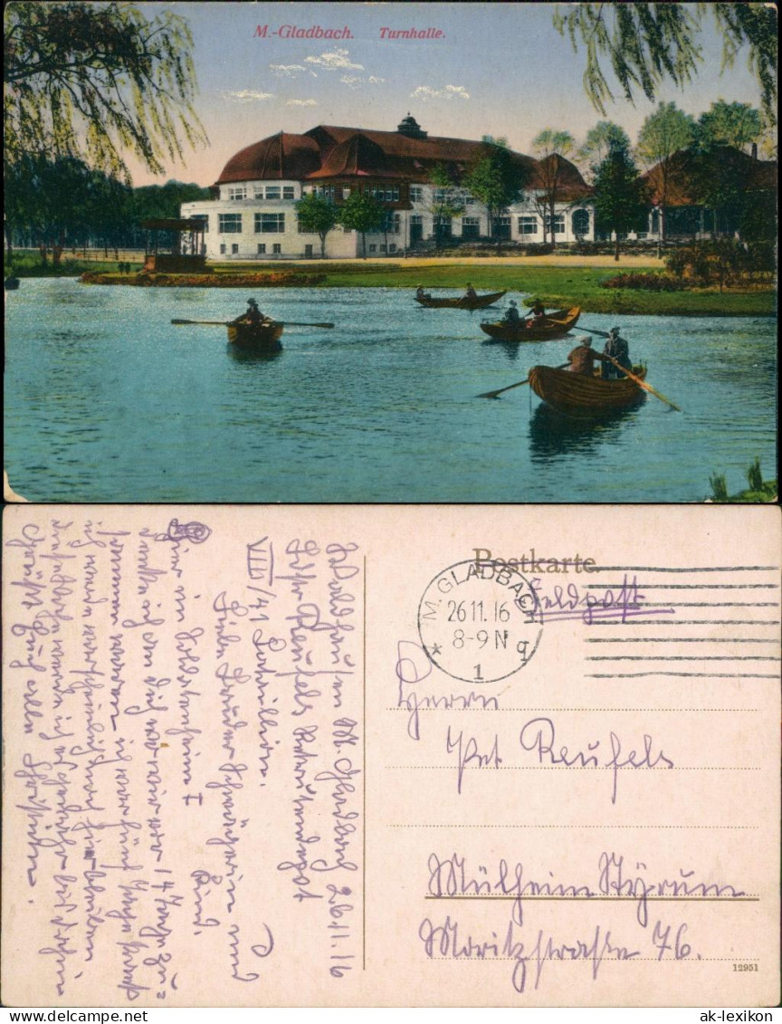 Ansichtskarte Mönchengladbach Teich, Paddelboote - Turnhalle 1916  - Moenchengladbach