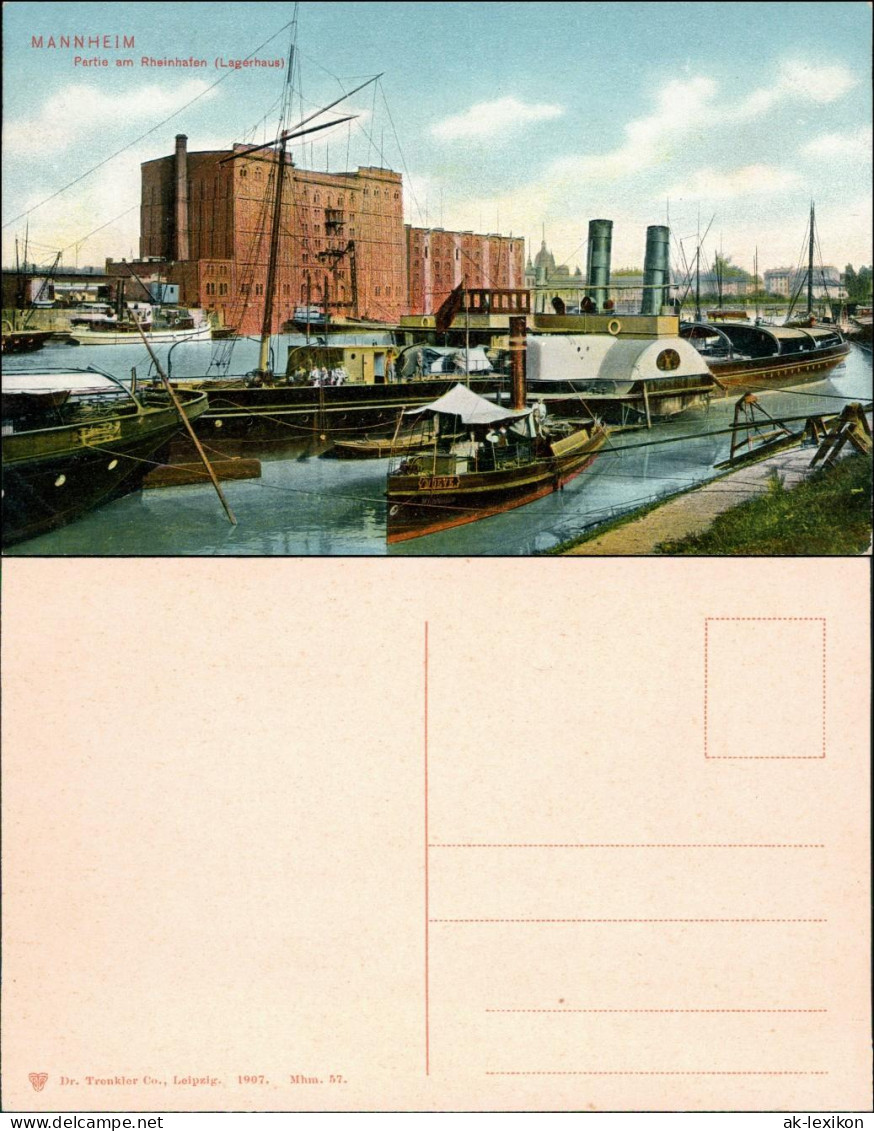 Ansichtskarte Mannheim Rheinhafen, Lager - Dampfer 1907  - Mannheim