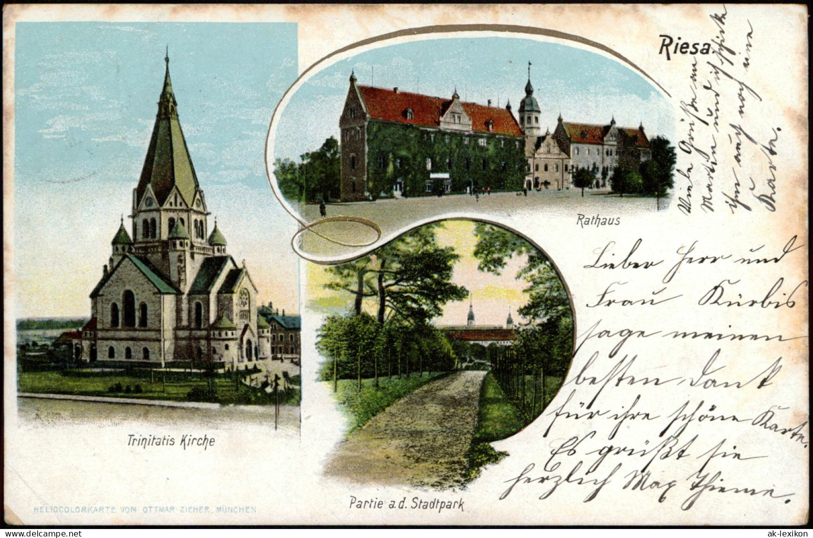 Ansichtskarte Riesa 3 Bild Rathaus, Stadtpark, Kirche 1905 - Riesa