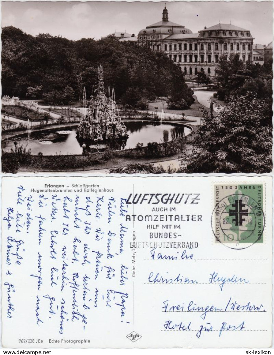 Ansichtskarte Erlangen Schlossgarten, Hugenottenbrunnen Und Kollegienhaus 1958 - Erlangen