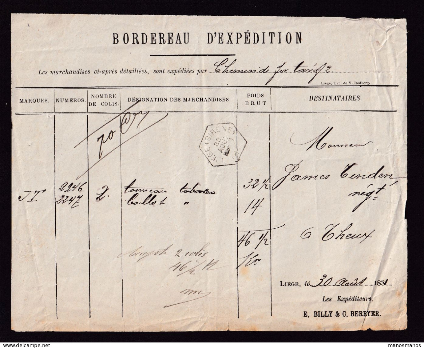 DDFF 819 -- BELGIUM - Lettre De Voiture Hexagonal Gare De LIEGE SIRENE 1881 à THEUX / Entete Billy Et Berryer (TABAC) - Tobacco