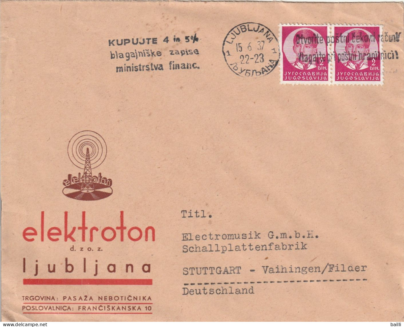 Yougoslavie Lettre Ljubljana Pour L'Allemagne 1937 - Covers & Documents