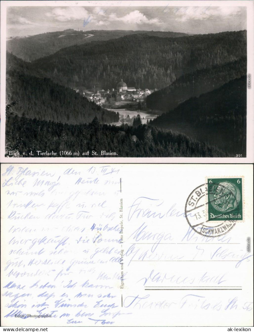 Ansichtskarte St. Blasien Blick Von Der Tierlache Auf Die Stadt 1941 - St. Blasien