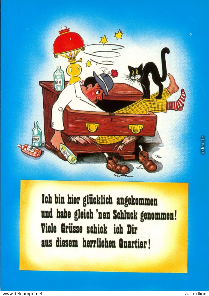  Humor - Spruchkarte: Betrunkener Mann Mit Katze In Kommodenschublade 1995 - Philosophie