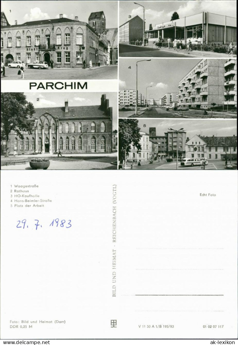 Ansichtskarte Parchim Waagestraße, Rathaus, Kaufhalle, Platz Der Arbeit 1983 - Parchim