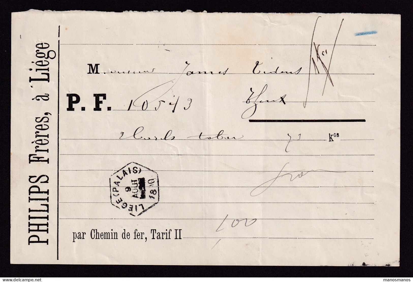DDFF 820 -- BELGIUM - Lettre De Voiture Hexagonal Gare De LIEGE PALAIS 1890 à THEUX / Entete Philips Frères (TABAC) - Tabac