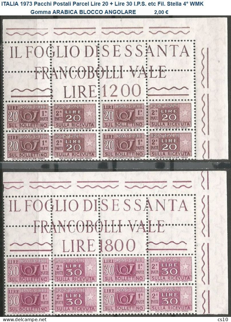 ITALIA Pacchi Postali + BLOCCO ANGOLARE : Lotto 23 DIFFERENTI per Filigrana, Gomma, Stampa, Perforazione Testata Nuovi**