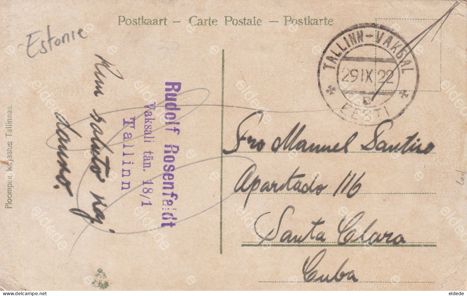 Reval Tallinn Postkontor P. Used  1922 To Santa Clara Cuba Rudolf Rosenfeldt - Estland