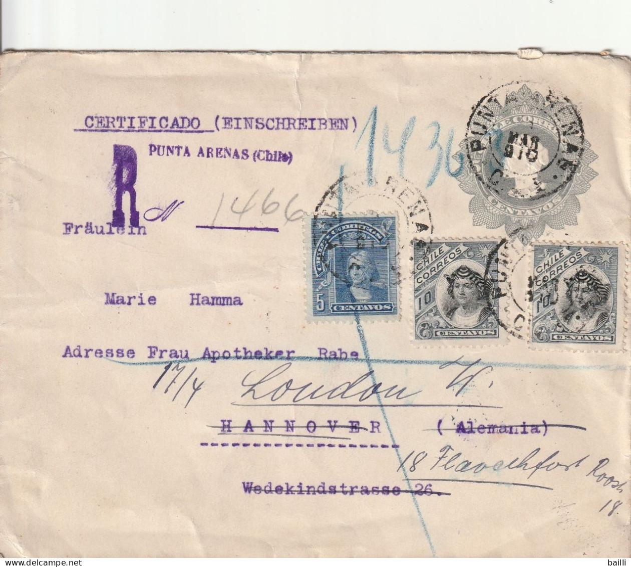 Chili Entier Postal Recommandé Pour Londres Via L'Allemagne 1910 - Chili