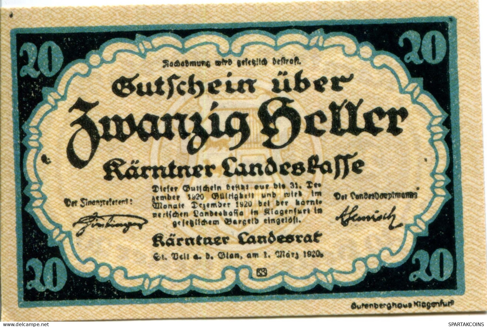 20 HELLER 1920 Stadt CARINTHIA Carinthia Österreich Notgeld Papiergeld Banknote #PL548 - [11] Emisiones Locales