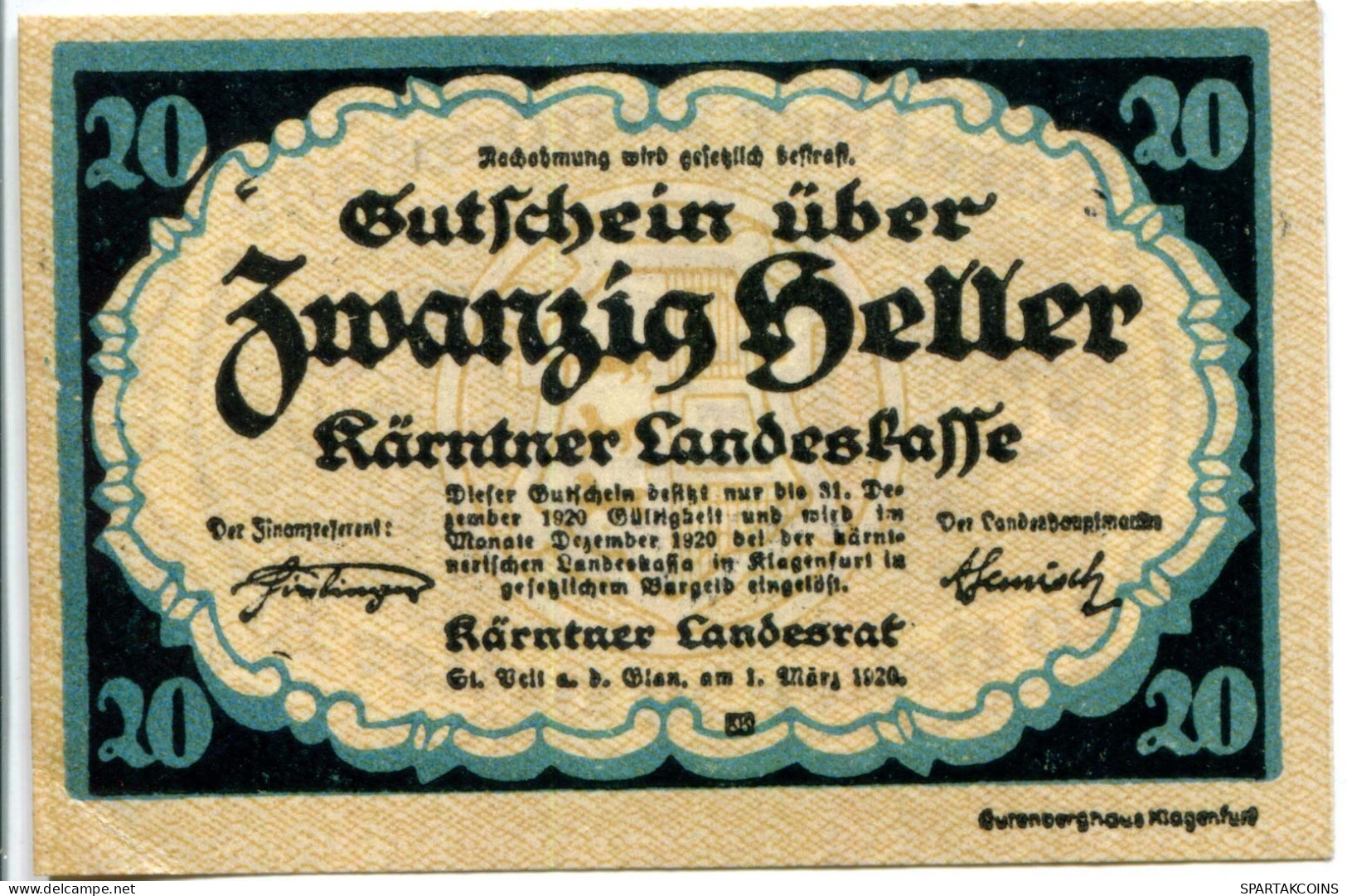 20 HELLER 1920 Stadt CARINTHIA Carinthia Österreich Notgeld Papiergeld Banknote #PL549 - [11] Emisiones Locales