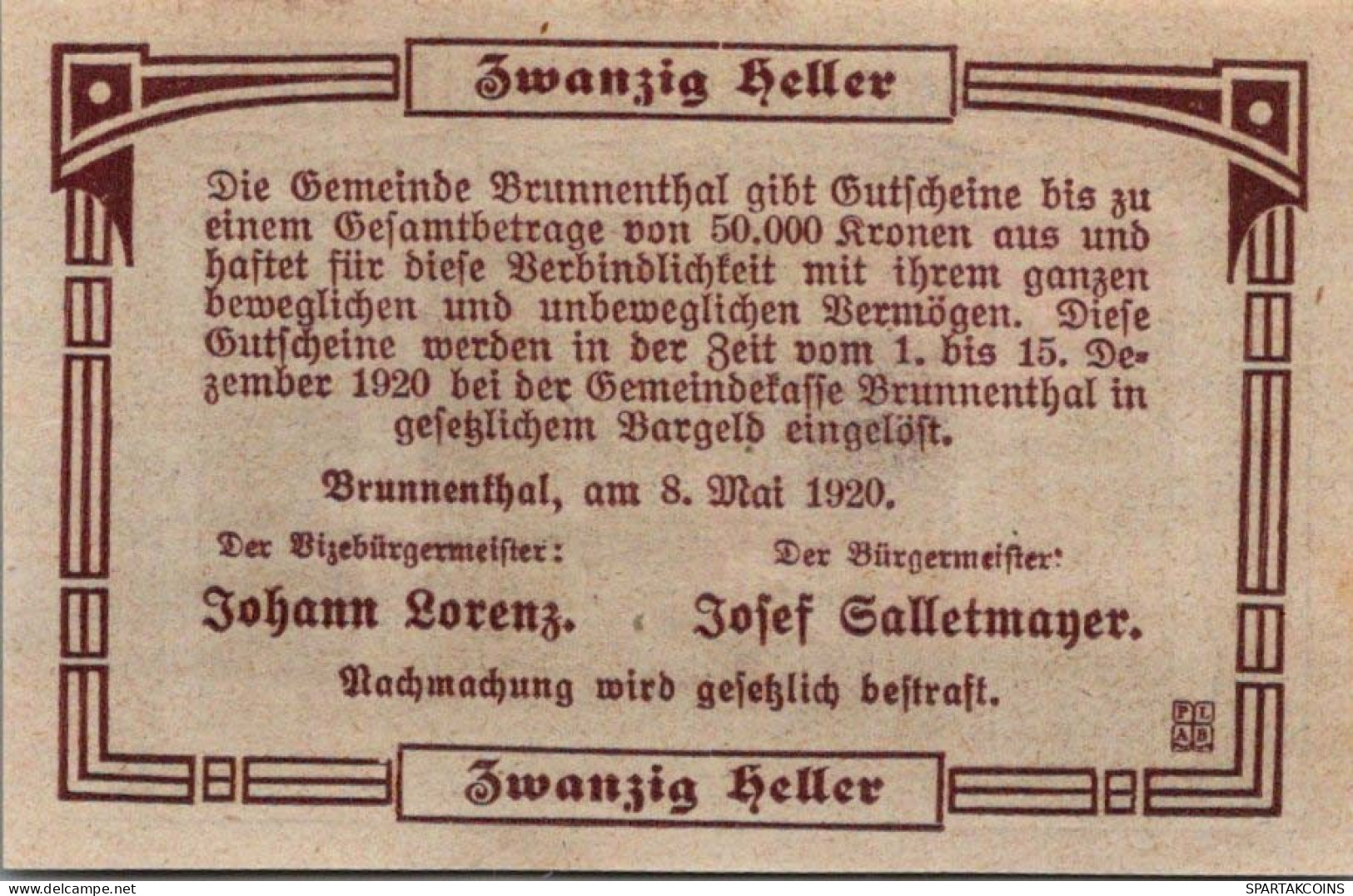 20 HELLER 1920 Stadt BRUNNENTHAL Oberösterreich Österreich Notgeld #PF361 - [11] Emisiones Locales