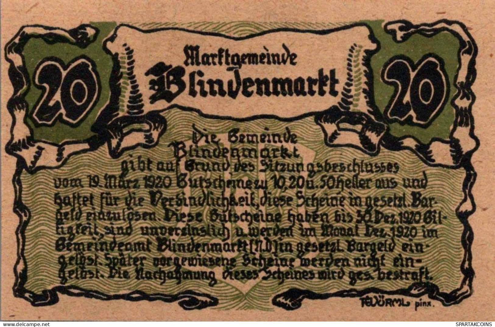20 HELLER 1920 Stadt BLINDENMARKT Niedrigeren Österreich Notgeld #PF369 - [11] Emisiones Locales