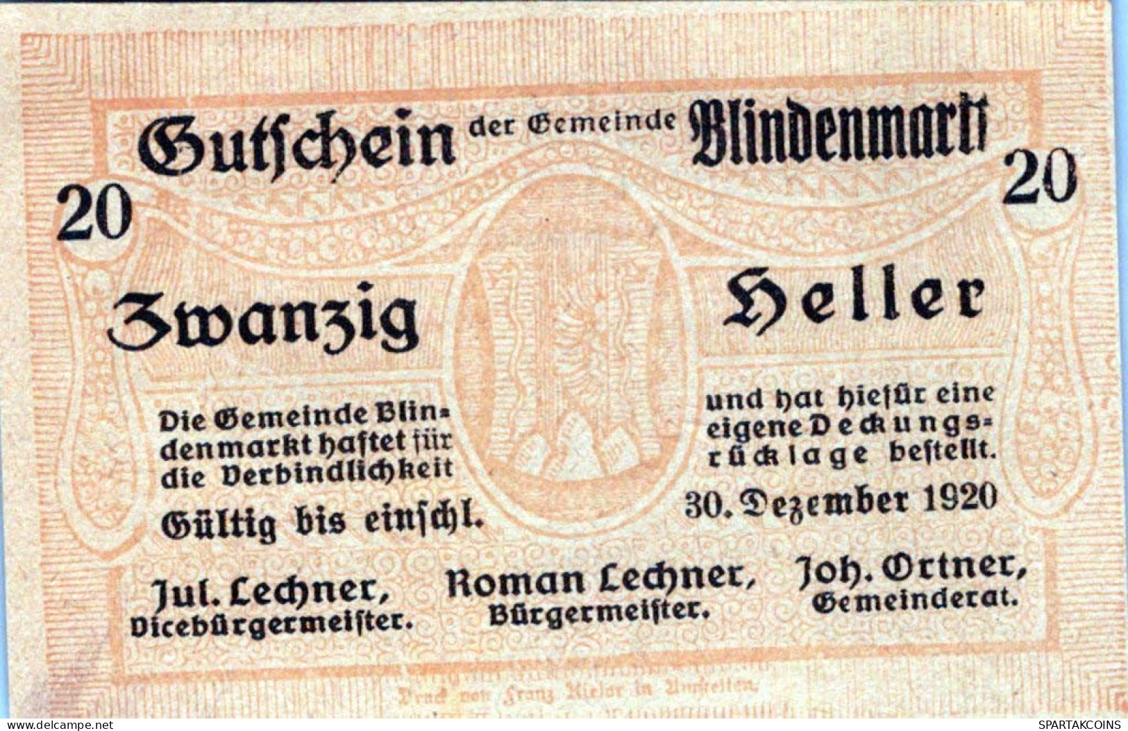 20 HELLER 1920 Stadt BLINDENMARKT Niedrigeren Österreich Notgeld #PF154 - [11] Emisiones Locales