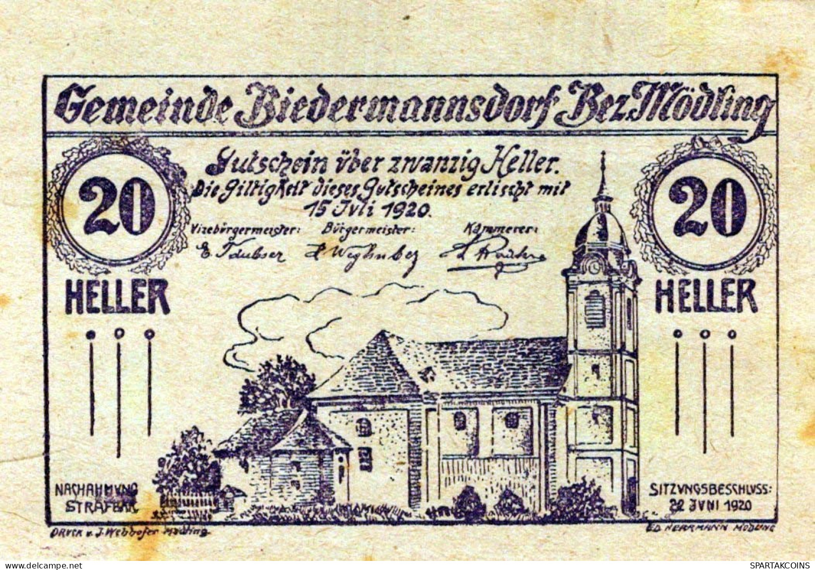 20 HELLER 1920 Stadt BIEDERMANNSDORF Niedrigeren Österreich Notgeld #PE976 - [11] Emisiones Locales