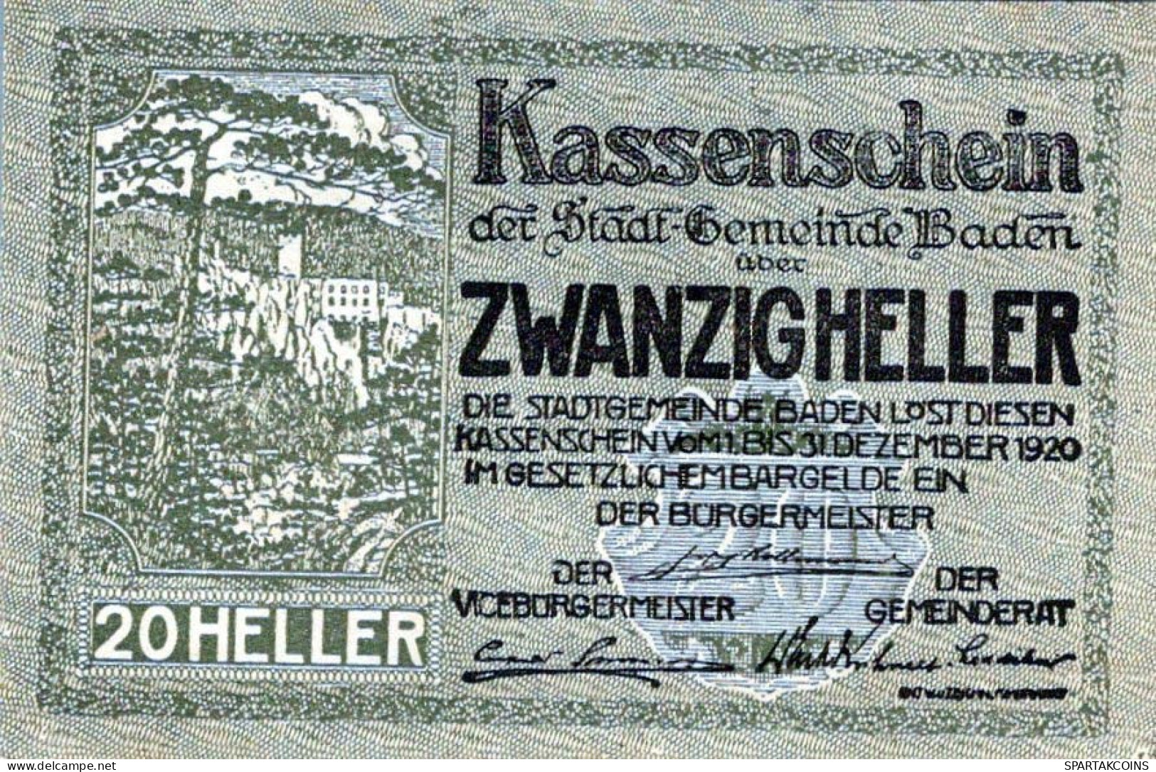 20 HELLER 1920 Stadt BADEN BEI WIEN Niedrigeren Österreich UNC Österreich Notgeld #PH130 - [11] Emisiones Locales