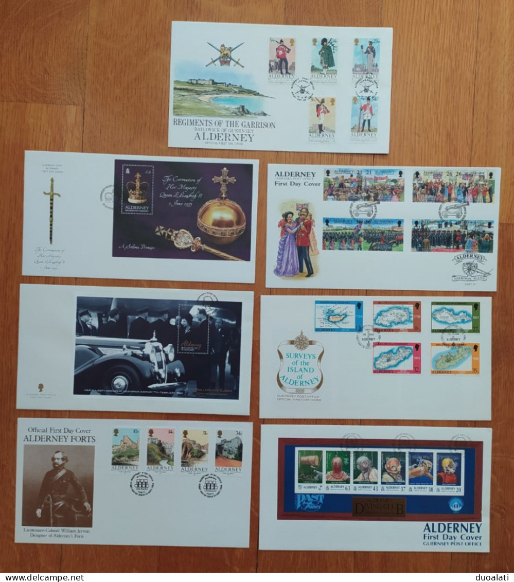 Alderney Nice Collection Of 13 FDCs Various Topics Royal Family Communication Diving Army Fortress Tourism - Alderney