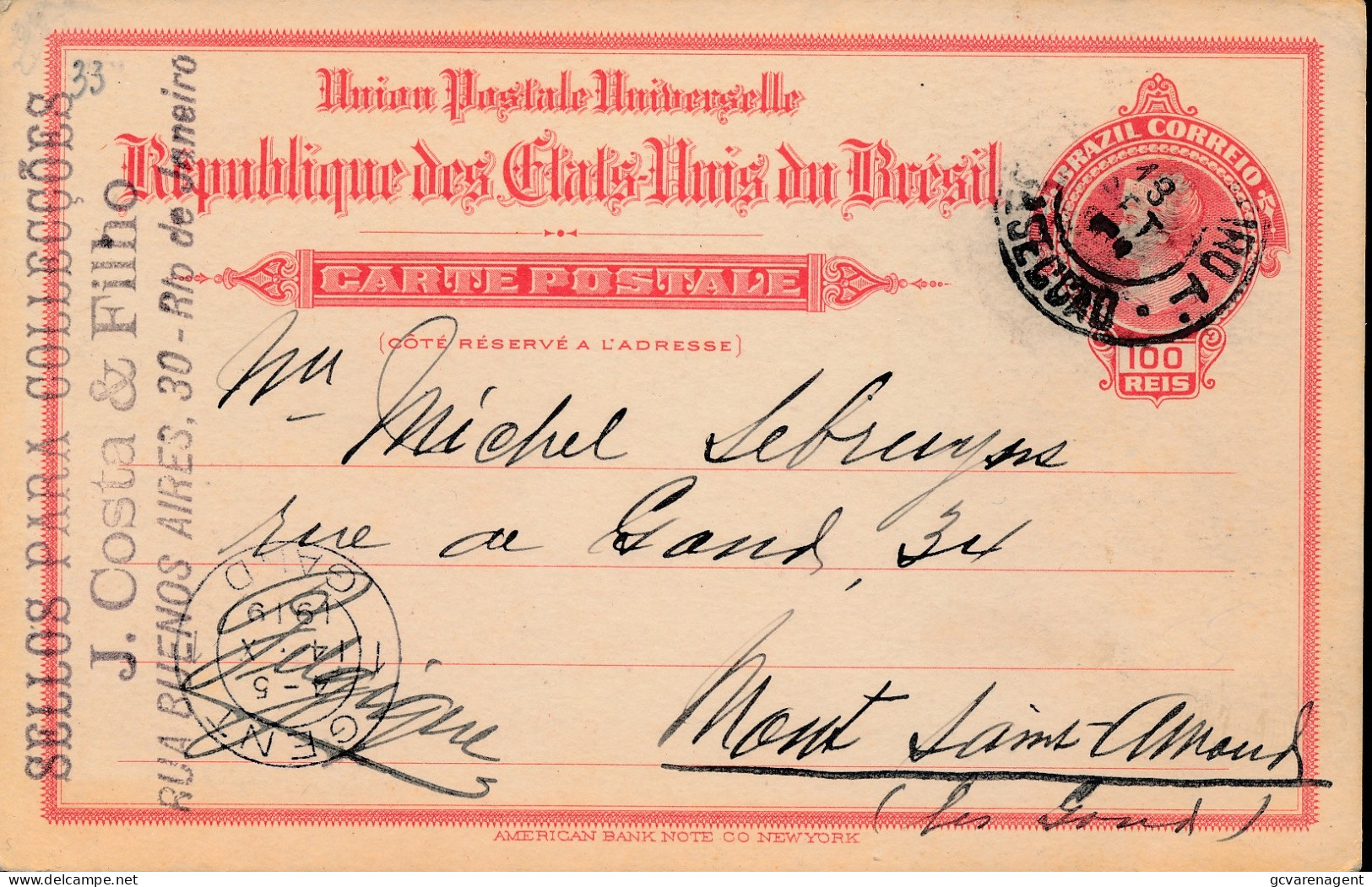 BRESIL 1919  TO MONT SAINT AMAND LES GAND  BELGIUM     100 REIS     2 IMAGES - Covers & Documents