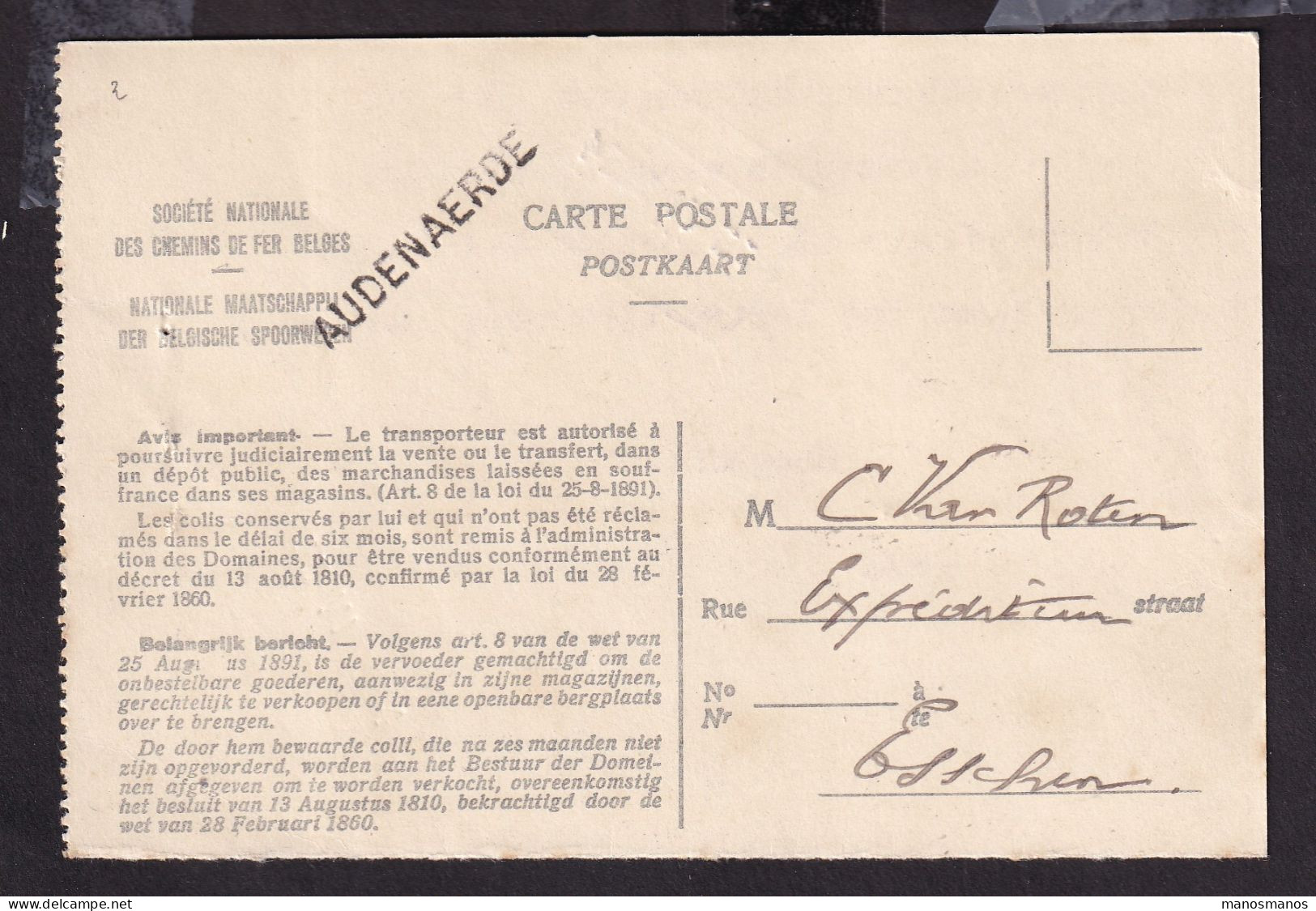 DDFF 822 -- AUDENAERDE - Cachet De Gare Et Griffes S/ Avis De Non - Livraison 1934 - Documents & Fragments