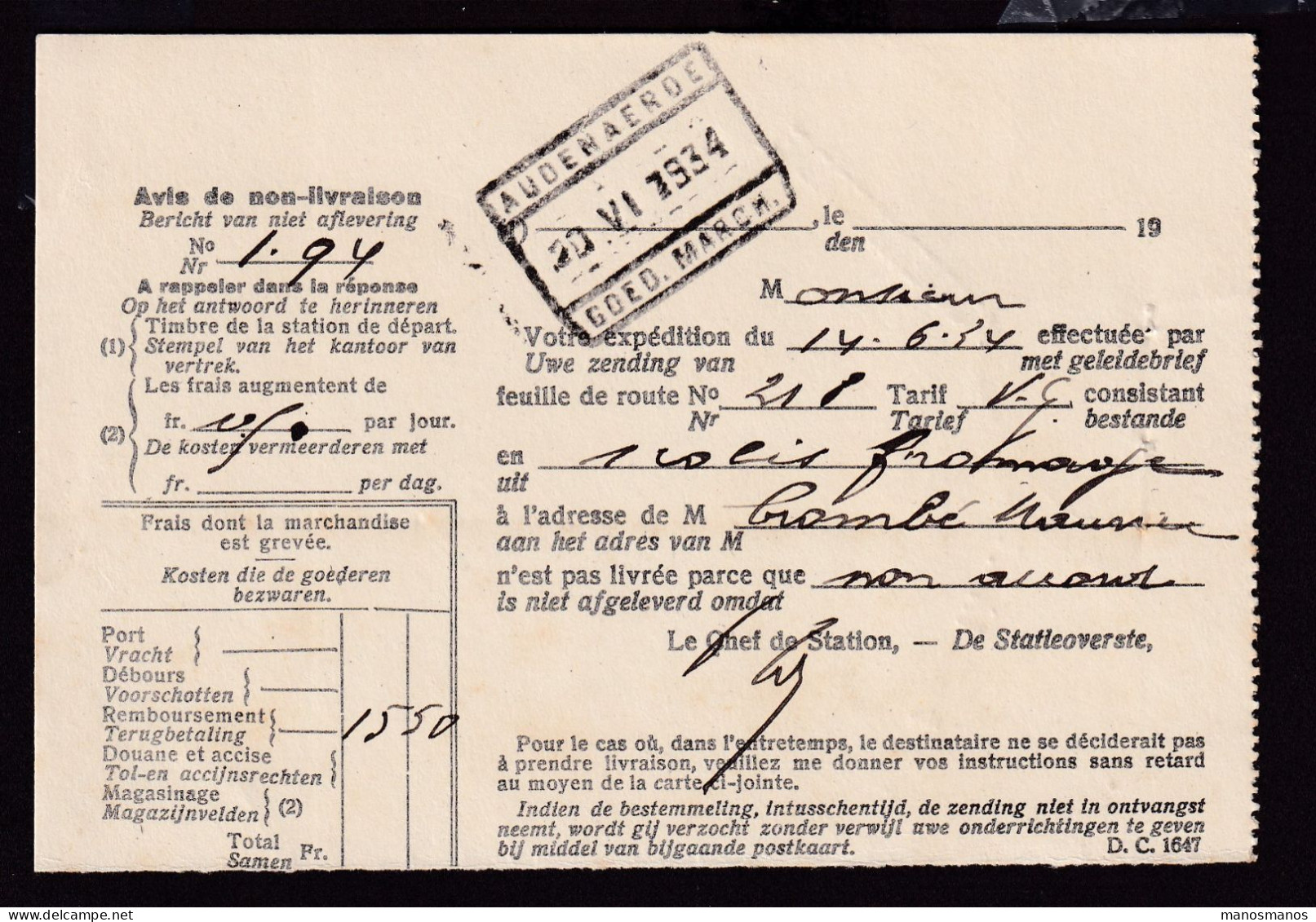 DDFF 822 -- AUDENAERDE - Cachet De Gare Et Griffes S/ Avis De Non - Livraison 1934 - Documenten & Fragmenten
