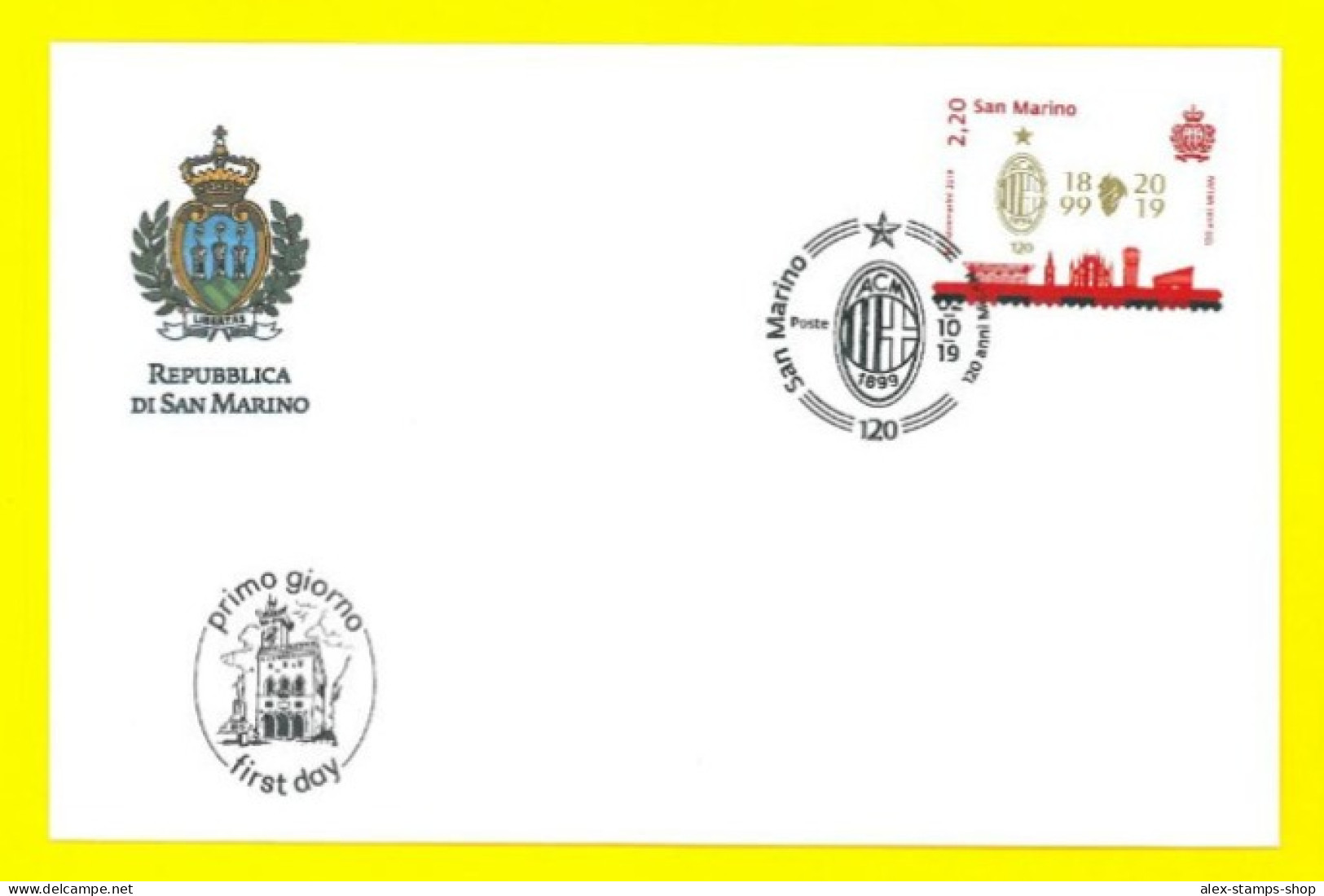 SAN MARINO 2019 FDC CALCIO 120 ANNI Anniversario Dell' AC MILAN FIRST DAY COVER - FDC