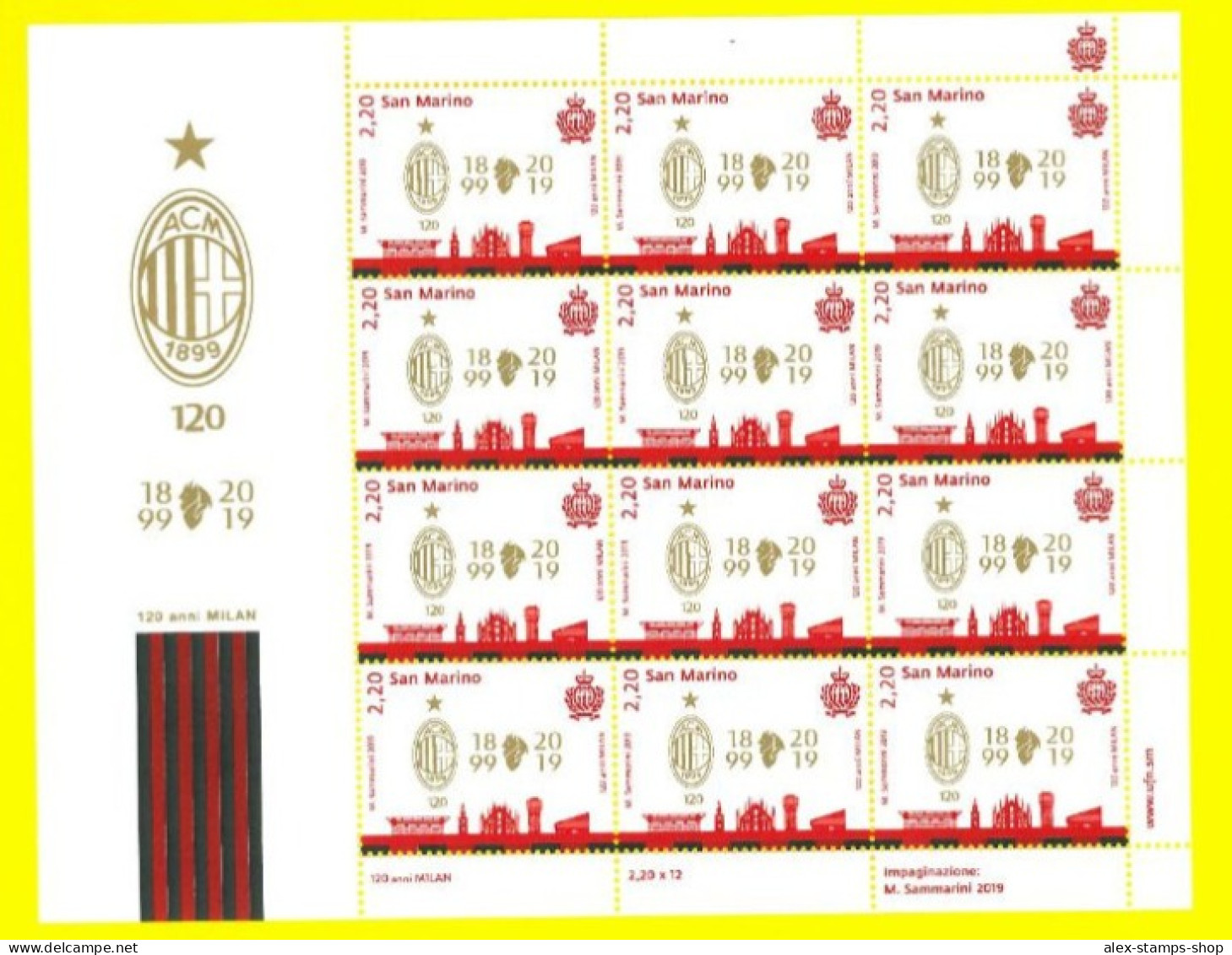 SAN MARINO 2019 MINIFOGLIO CALCIO 120 ANNI Anniversario Dell' AC MILAN - Blocchi & Foglietti