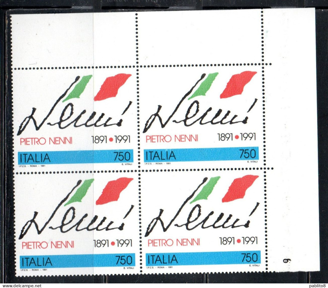 ITALIA REPUBBLICA ITALY REPUBLIC 1991 PIETRO NENNI QUARTINA ANGOLO DI FOGLIO BLOCK MNH - 1991-00:  Nuovi