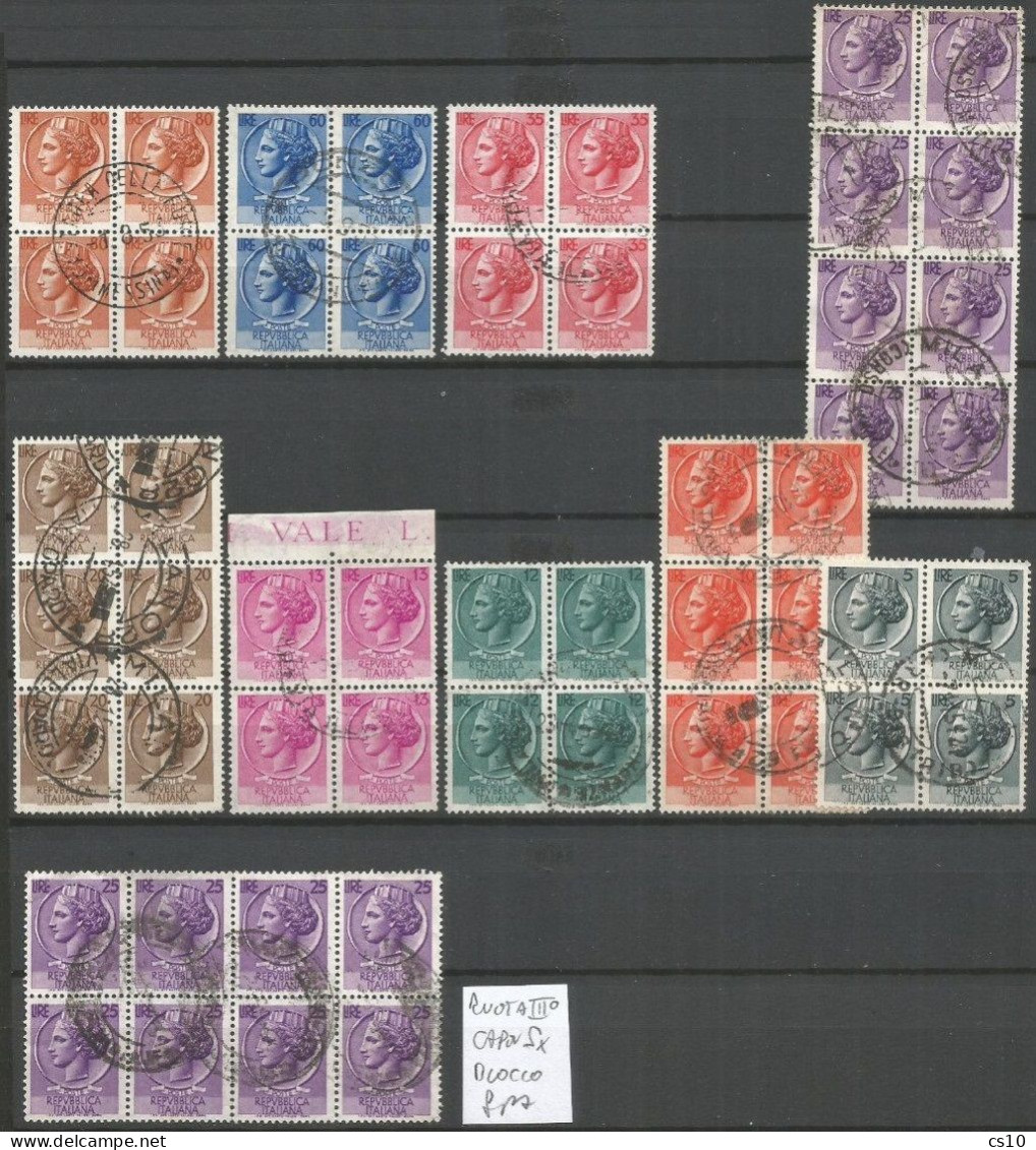 Italia Italy 1953 Siracusana Syracuse Fil. Ruota WMK Wheels - Serie Cpl 9+1v Set - Quartine Usate - Used In Block4/6 - Full Sheets