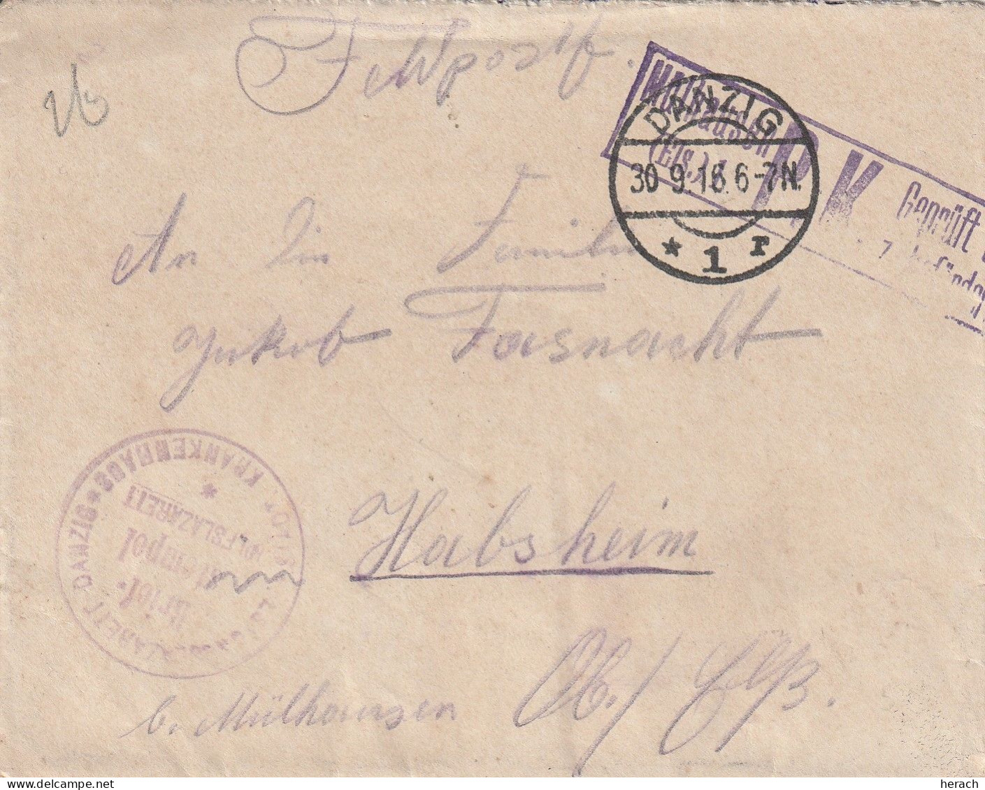 Allemagne Danzig Lettre Feldpost Pour L'Alsace + Censure Mulhouse 1916 - Briefe U. Dokumente