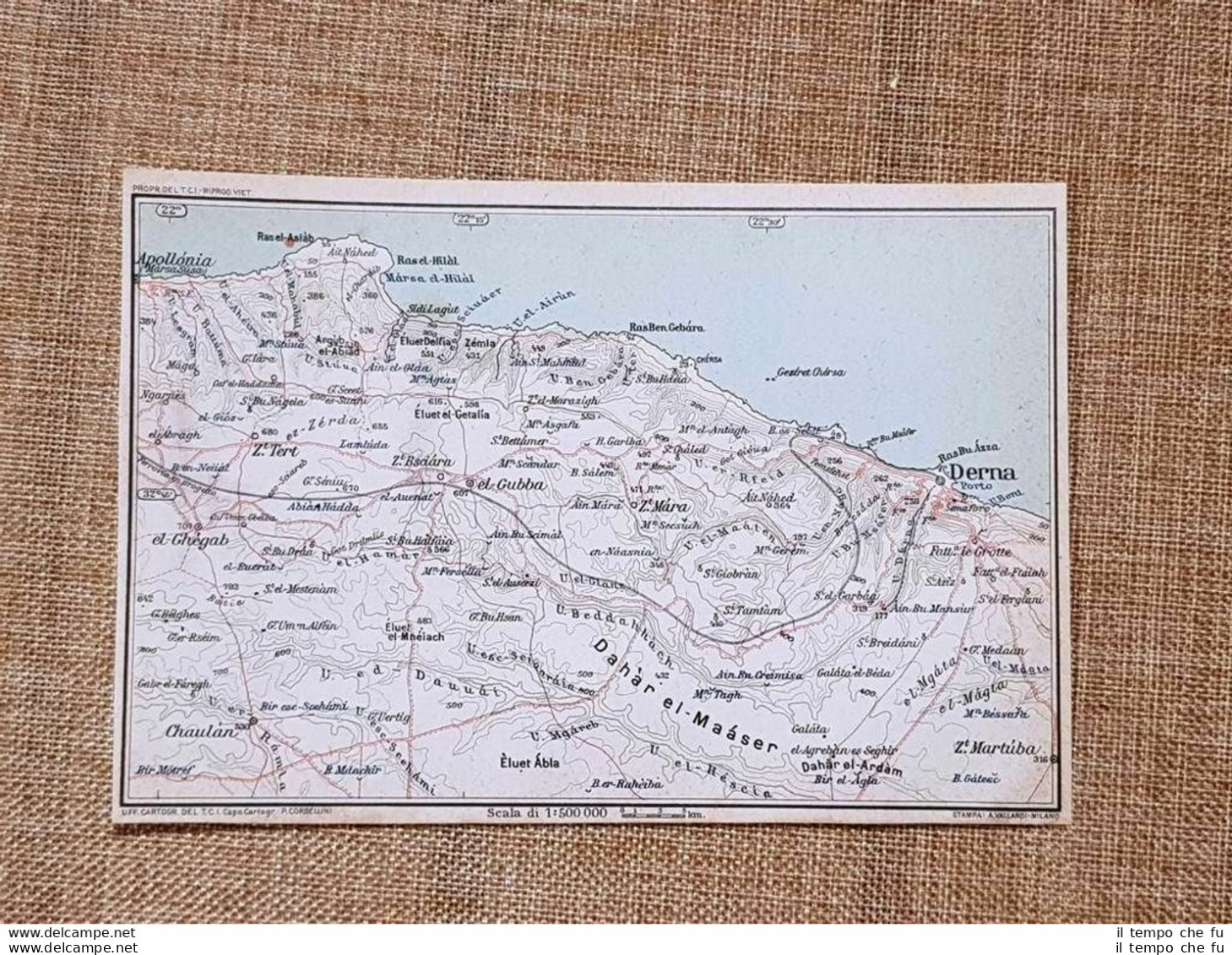 Carta O Cartina Del 1929 Derna Chaulàn Apollonia El-Gubba Cirenaica Libia T.C.I. - Carte Geographique