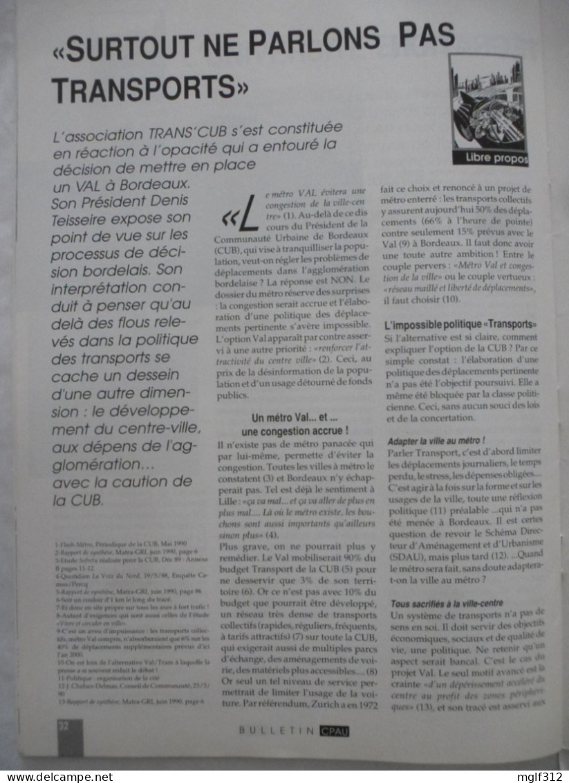 BORDEAUX : BULLETIN De La CPAU (Conférence Permanente Sur L'Aménagement Et L'Urbanisme) N° 23 - 1990 - Voir Les Scans - Spoorwegen En Trams