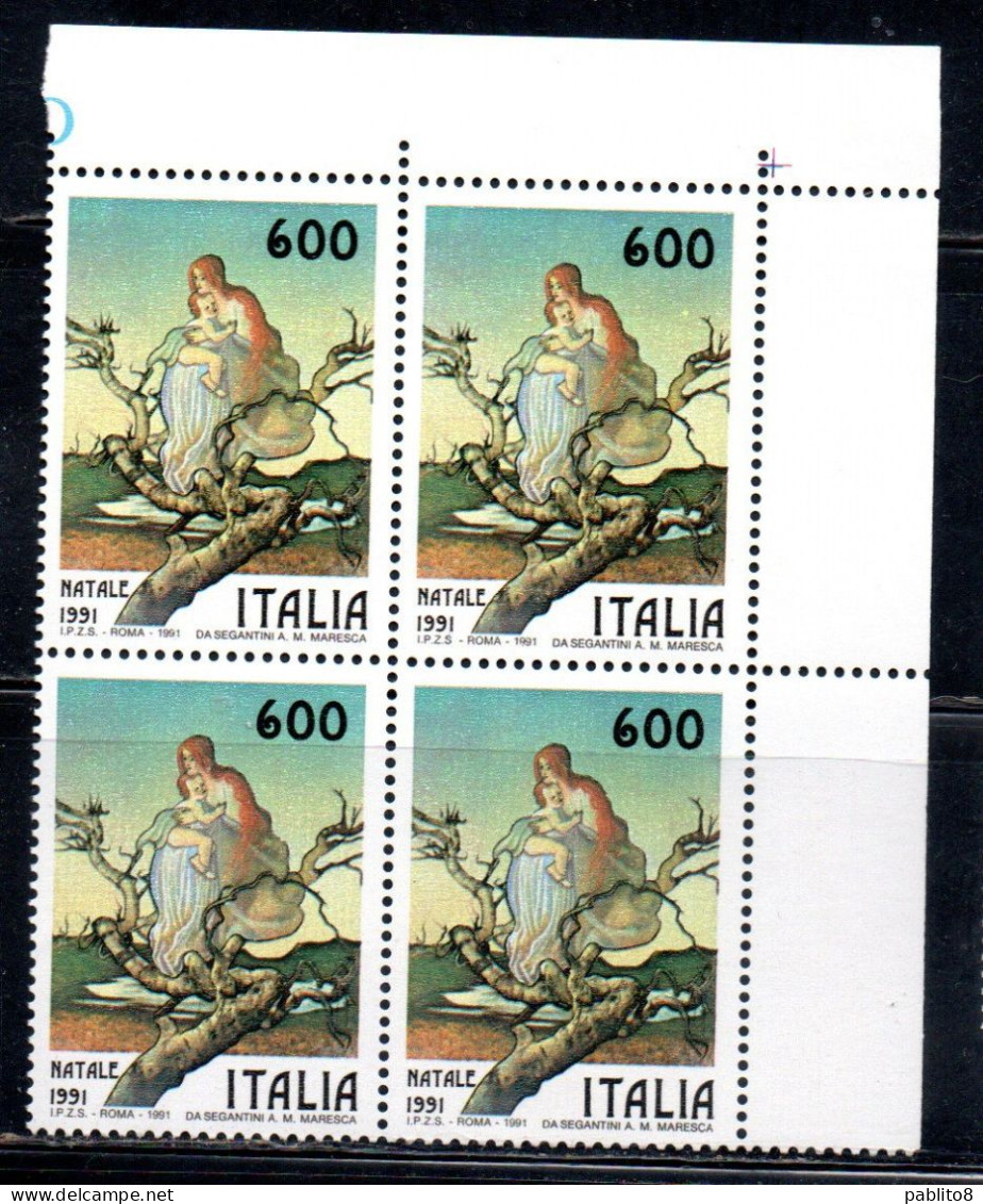 ITALIA REPUBBLICA ITALY REPUBLIC 1991 NATALE CHRISTMAS NOEL WEIHNACHTEN NAVIDAD NATAL QUARTINA ANGOLO DI FOGLIO MNH - 1991-00:  Nuovi