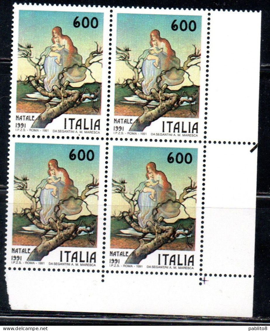 ITALIA REPUBBLICA ITALY REPUBLIC 1991 NATALE CHRISTMAS NOEL WEIHNACHTEN NAVIDAD NATAL QUARTINA ANGOLO DI FOGLIO MNH - 1991-00:  Nuovi