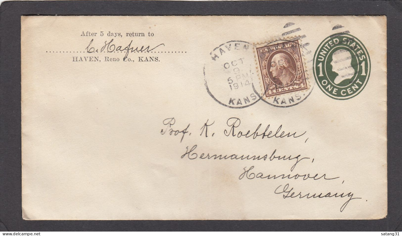 ENTIER POSTAL  AVEC AFFRANCHISSEMENT COMPLEMENTAIRE DE HAVEN,KANSAS,POUR L'ALLEMAGNE,1914. - 1921-40