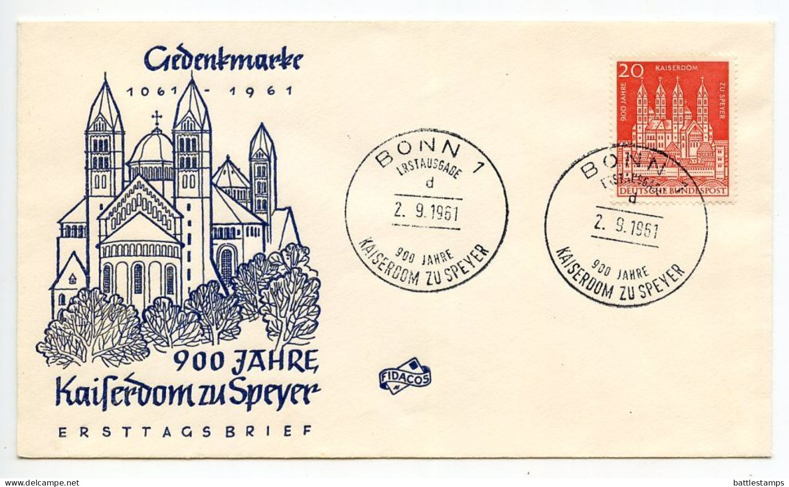 Germany, West 1961 FDC Scott 843 Speyer Cathedral 900th Anniversary - 1961-1970