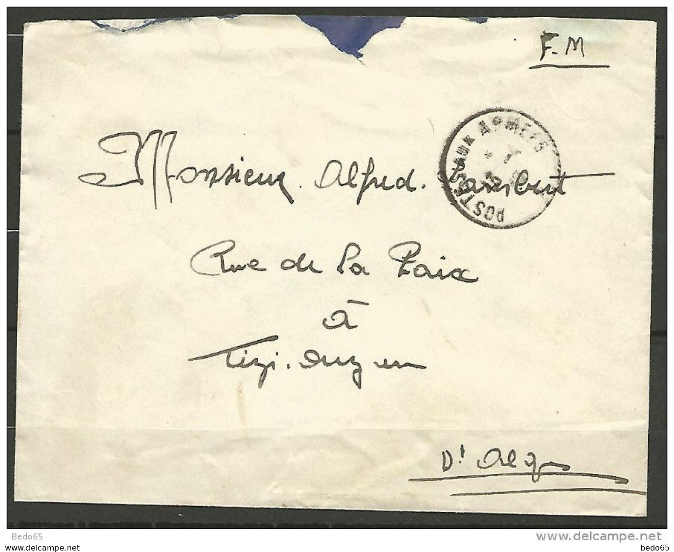 LETTRE  FM / CACHET POSTE AUX ARMEE POUR TIZI-OUZOU - Lettres & Documents