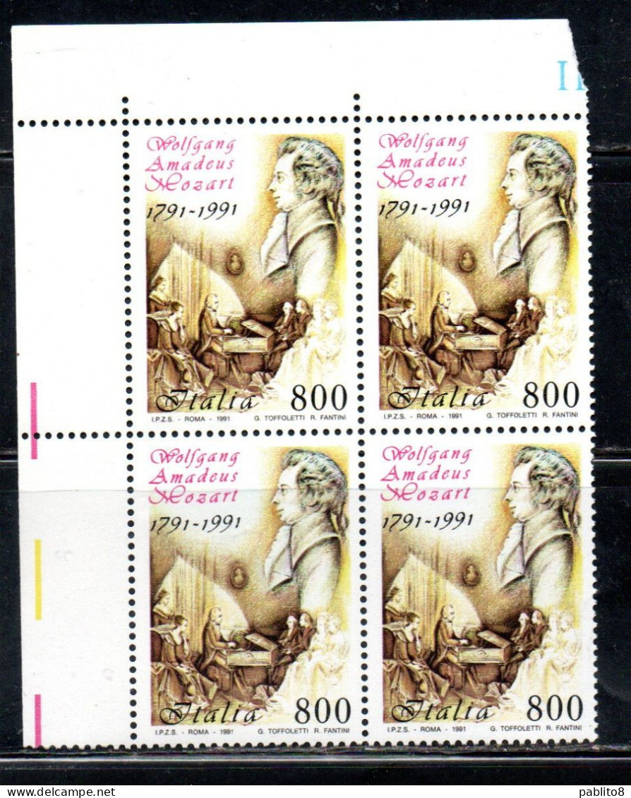 ITALIA REPUBBLICA ITALY REPUBLIC 1991 WOLFGANG AMADEUS MOZART LIRE 800 QUARTINA ANGOLO DI FOGLIO MNH - 1991-00: Neufs