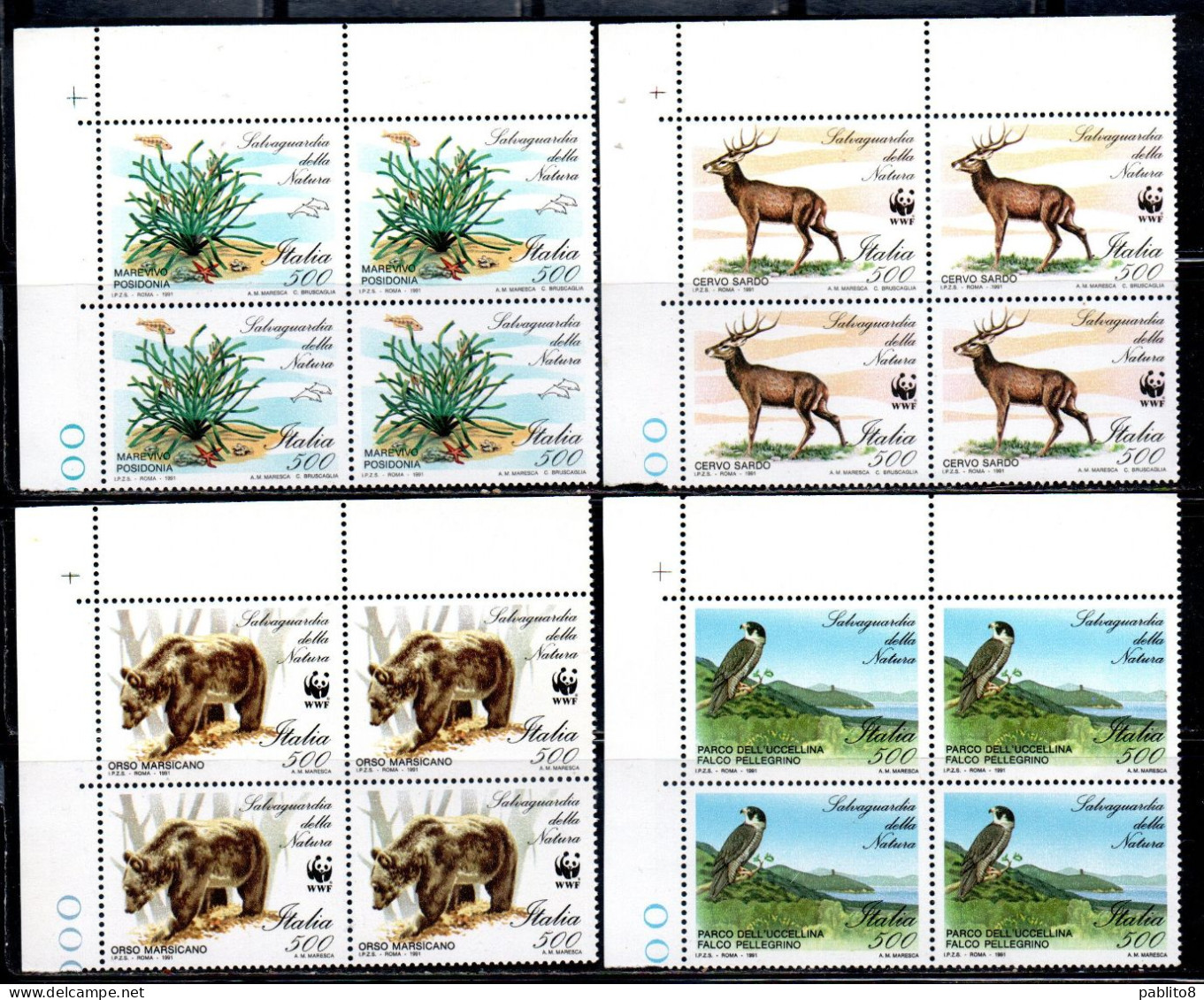 ITALIA REPUBBLICA ITALY REPUBLIC 1991 SALVAGUARDIA NATURA NATURE PROTECTION SERIE SET QUARTINA ANGOLO DI FOGLIO MNH - 1991-00: Nieuw/plakker