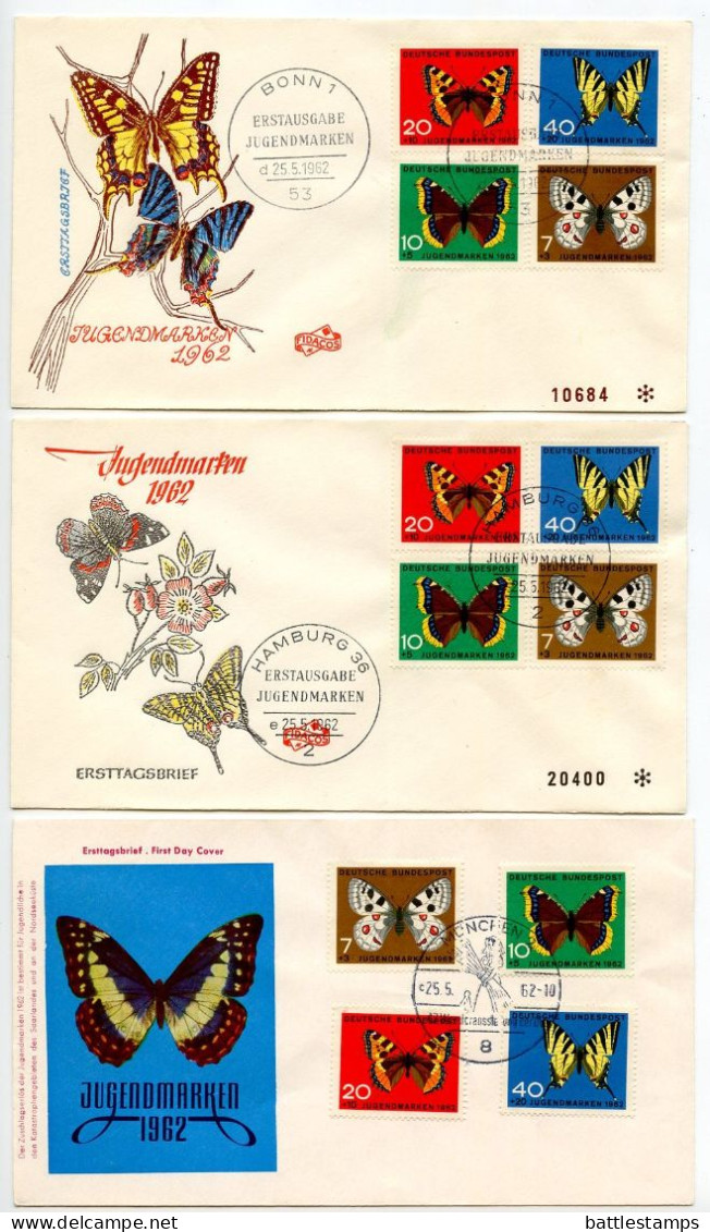 Germany, West 1962 3 FDCs Scott B380-B383 Butterflies; Bonn, Hamburg & Munich Postmarks - 1961-1970