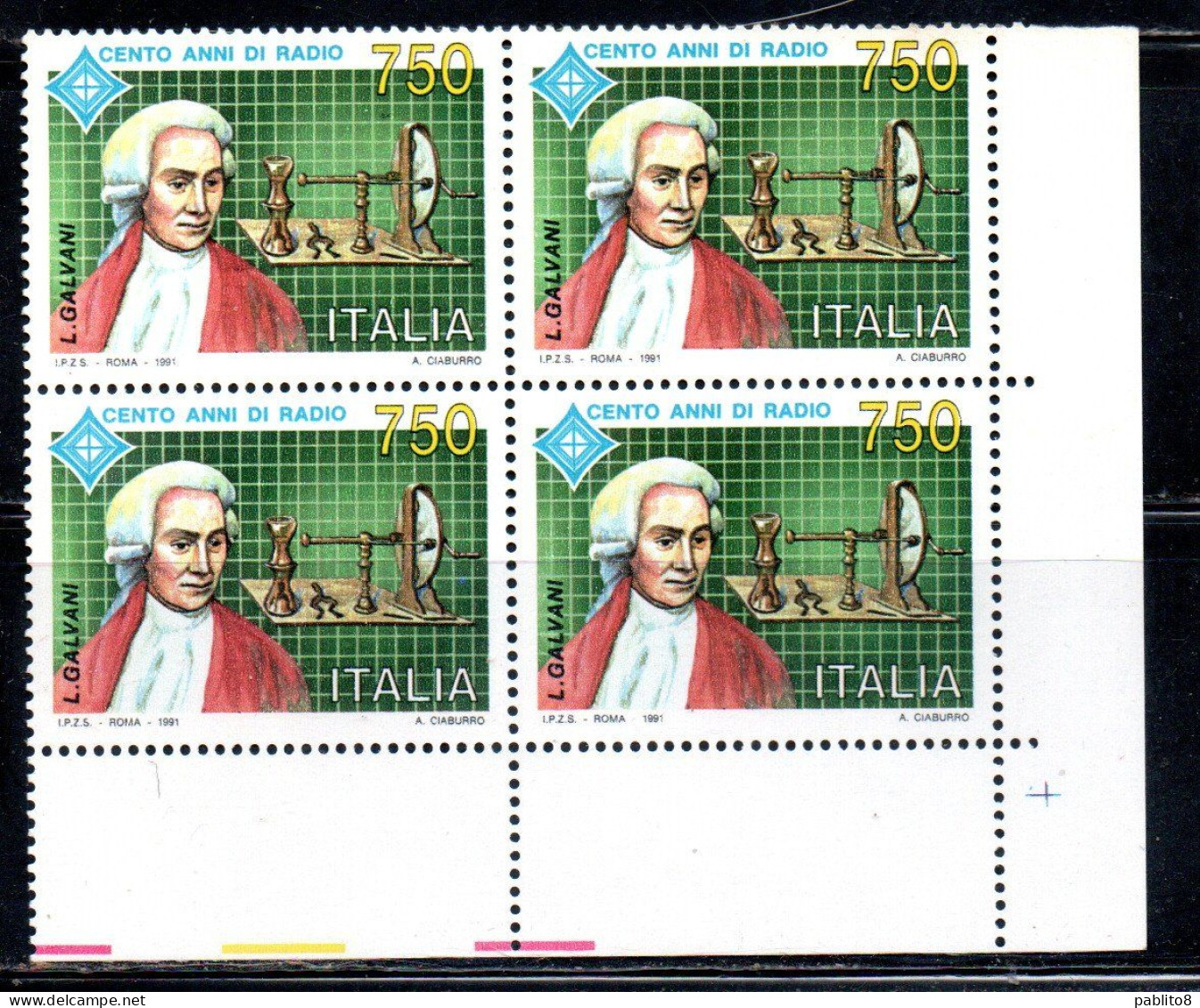 ITALIA REPUBBLICA ITALY REPUBLIC 1991 INVENZIONE DELLA RADIO LUIGI GALVANI QUARTINA ANGOLO DI FOGLIO BLOCK MNH - 1991-00: Neufs