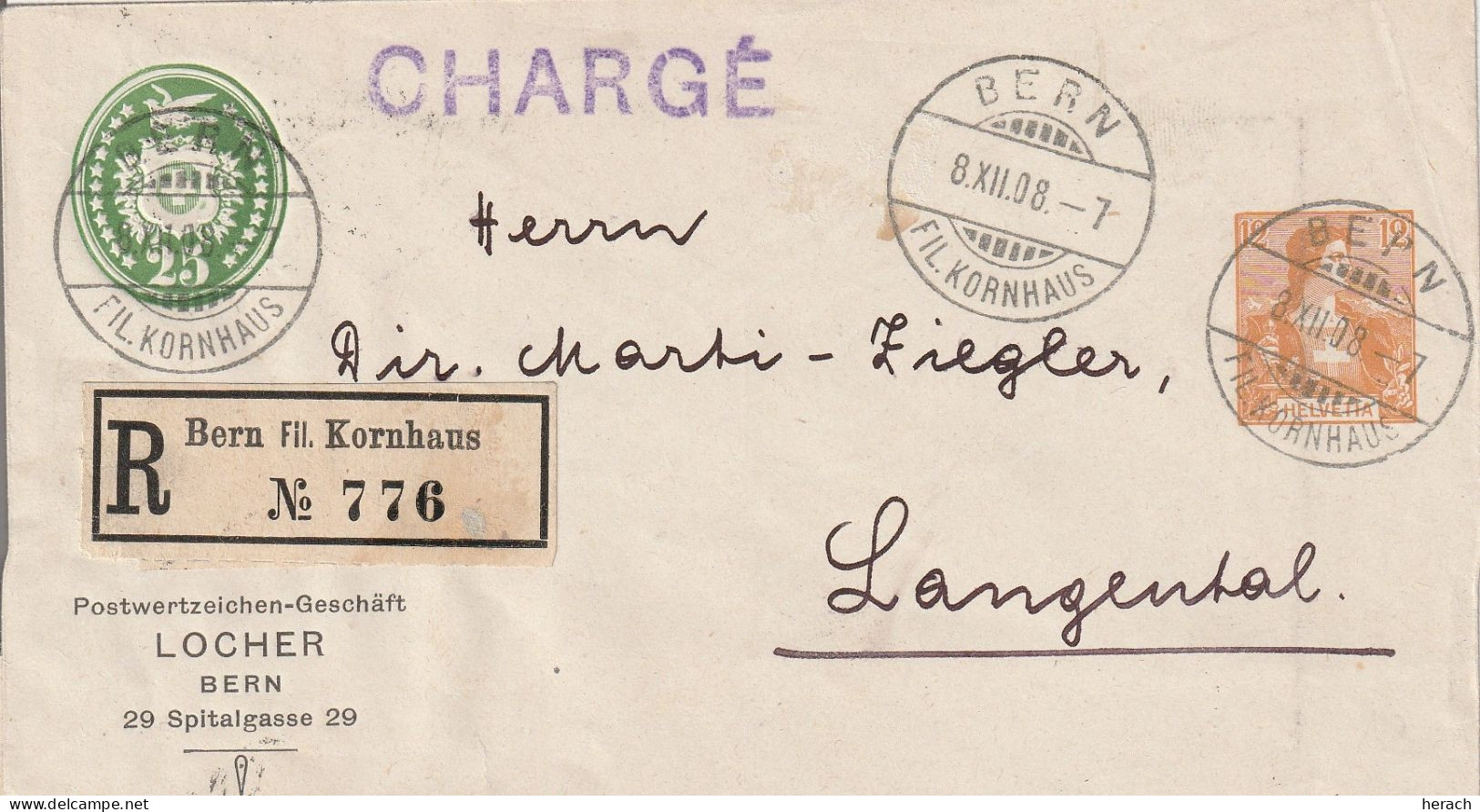 Suisse Entier Postal Privé Recommandé Bern 1908 - Stamped Stationery