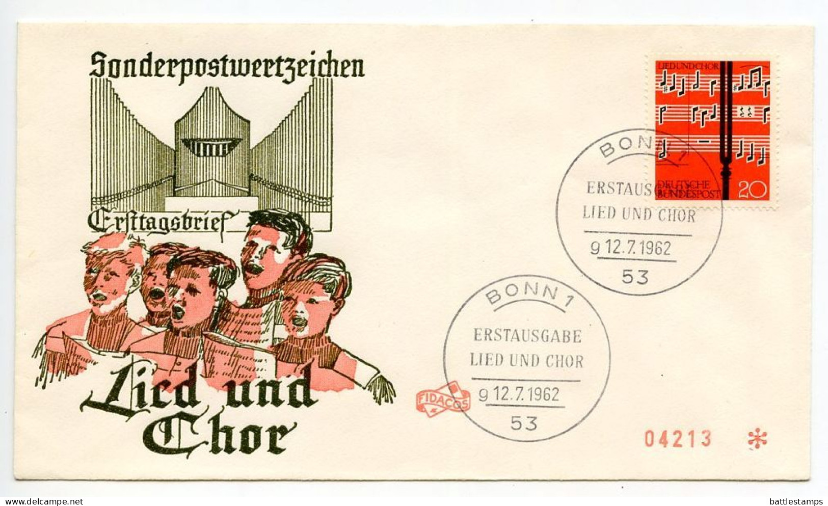 Germany, West 1962 FDC Scott 849 Choral Singing - 1961-1970