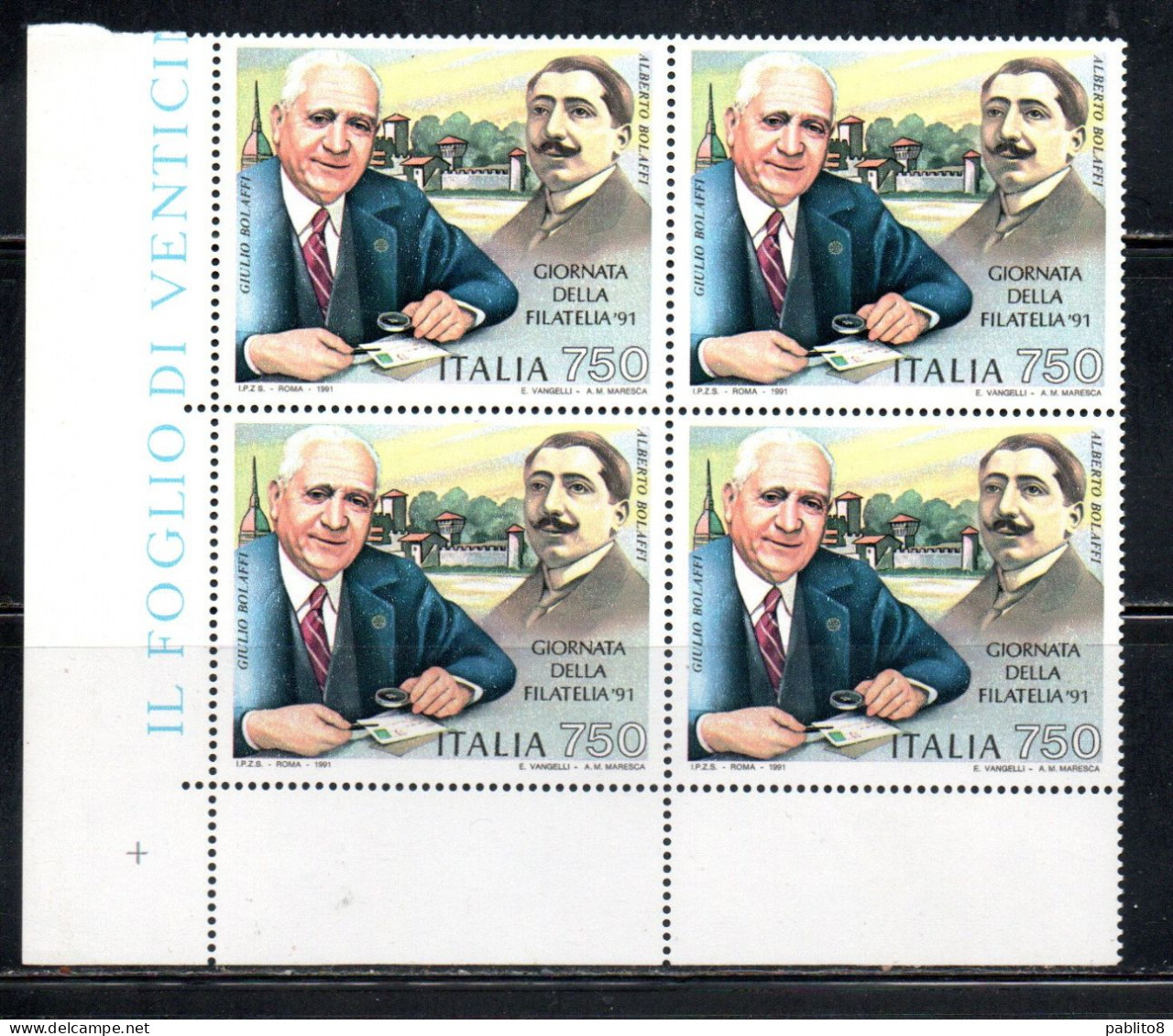 ITALIA REPUBBLICA ITALY REPUBLIC 1991 GIORNATA DELLA FILATELIA ALBERTO E GIULIO BOLAFFI QUARTINA ANGOLO DI FOGLIO MNH - 1991-00:  Nuevos