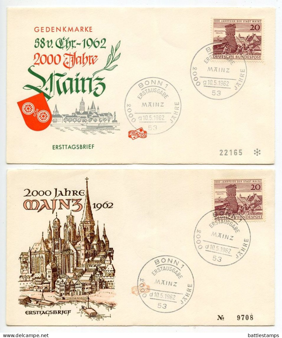 Germany, West 1962 2 FDCs Scott 848 Mainz 2000th Anniversary - 1961-1970