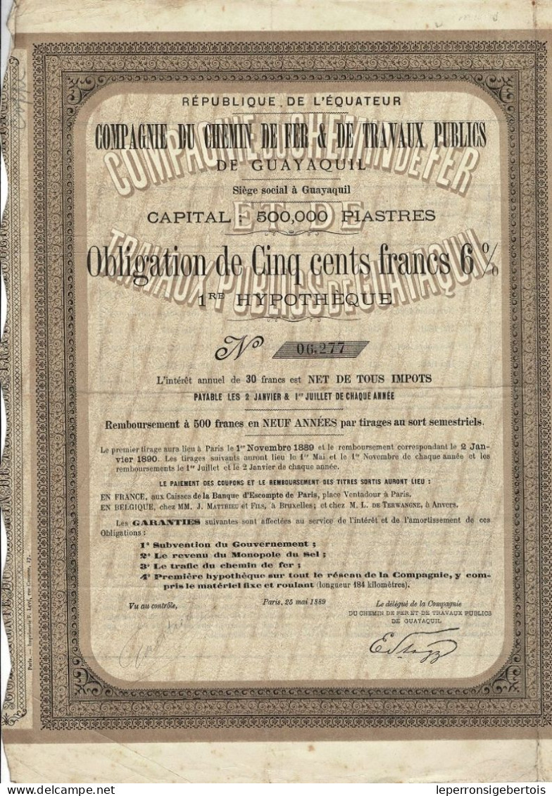 Obligation De 1889 - République De L'Equateur -Compagnie Du Chemin De Fer & De Travaux Publics De Guayaquil - - Railway & Tramway