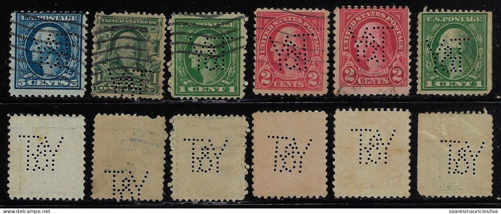 USA United States 1902/1933 6 Stamp With Perfin Y&T By The Yale & Towne Manufacturing Co. From Stamford Lochung Perfore - Perfins