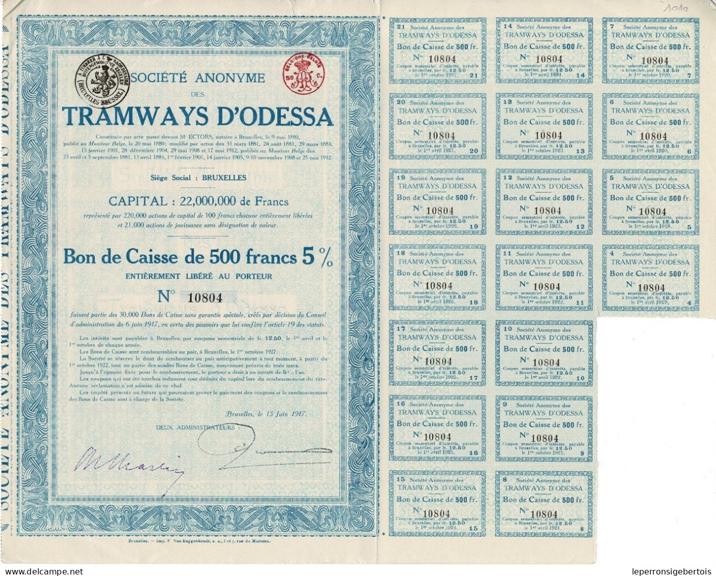 - Titre De 1917 - Société Anonyme Des Tramways D' Odessa - - Ferrovie & Tranvie