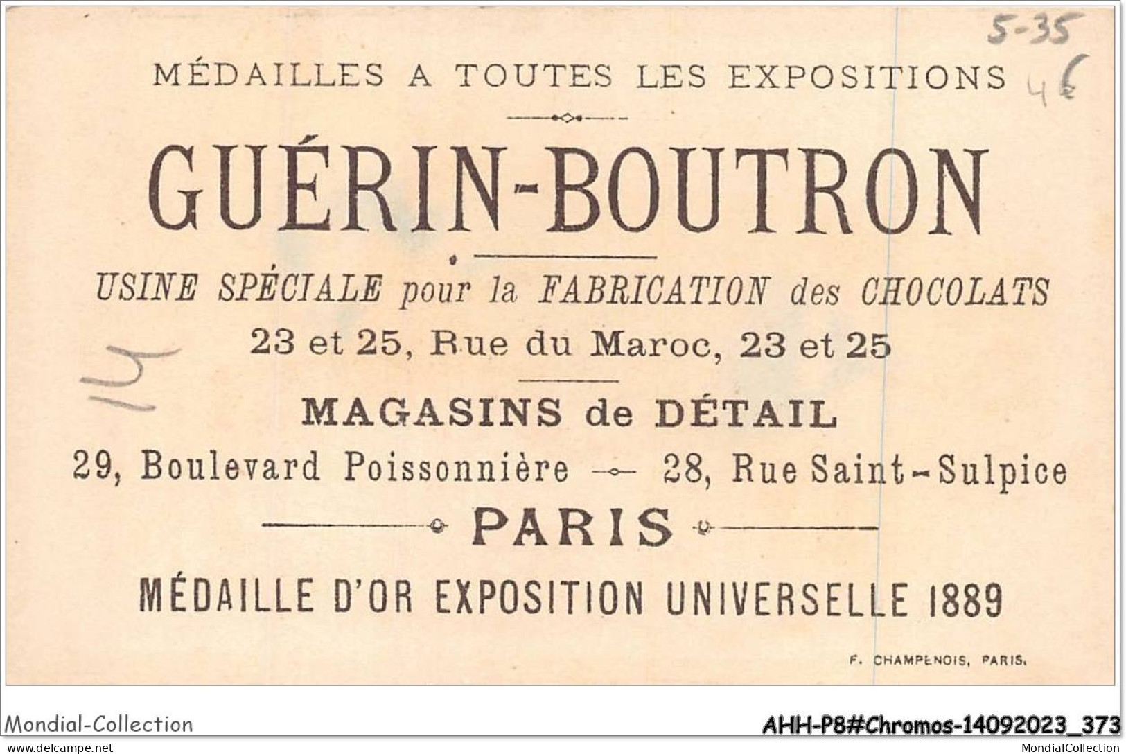 AHHP8-1587 - CHROMOS - CHOCOLAT-GUERIN-BOUTRON - PARIS -  Ventre Affamé N'a Pas D'oreilles- 10,5 X 7cm - Guérin-Boutron