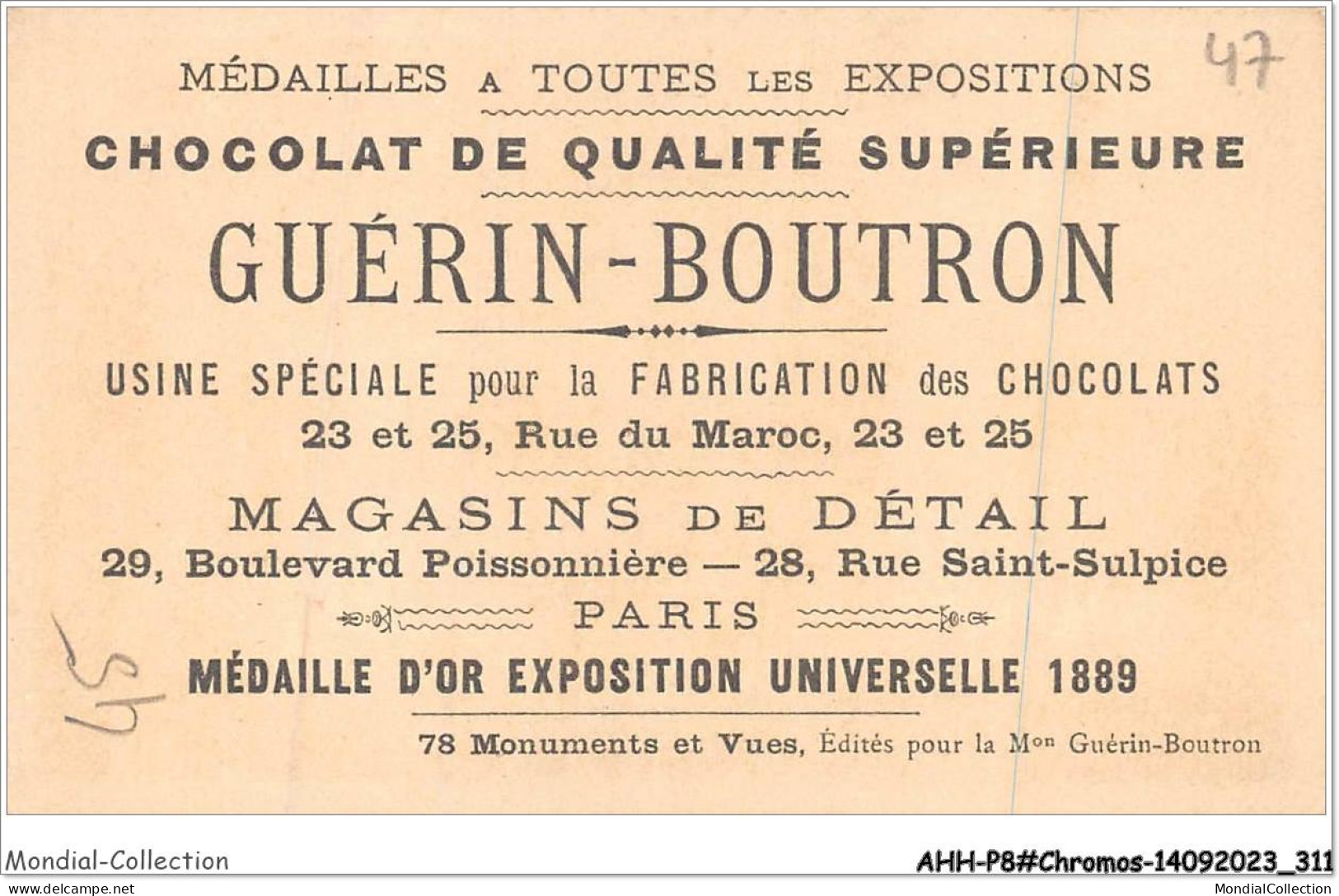 AHHP8-1556 - CHROMOS - CHOCOLAT-GUERIN-BOUTRON - PARIS - Exposition Des Armées De Terre Et De Mer - Pylon   - 10,5 X 7cm - Guérin-Boutron